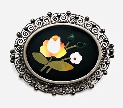 Antique Victorian 800 Silver Pietra Dura Flower Mosaic Filigree Pin Brooch • $75