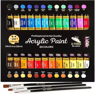 Acrylic Paint Set 24 Colours Canvas Paint Kit With 3 Painting Brushes • £10.99