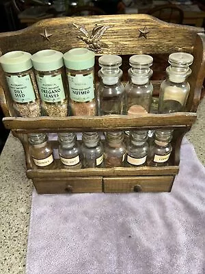 Vintage Wood Spice Rack Shelf W/ 2 Drawers + 12 Glass Bottles Wall Hanging-read • $14