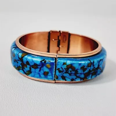 Vintage Matisse Renoir Copper Blue Enamel Hinged Bangle Bracelet • $49.95