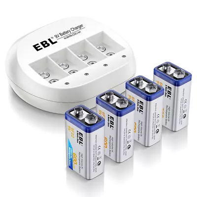 EBL 9V High Volume 600mAh Li-ion Rechargeable 6F22 Batteries With Charger • £26.99