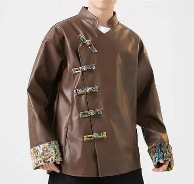 Men's Autumn Fashion Chinese Style Stand Collar Long Sleeve Faux Leather Coats • $66.88
