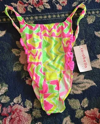 NWT NEW Carabella Vintage Pink Yellow 1 Piece Swimsuit Butterfly Scoop 7 8 Jnrs • $69.49