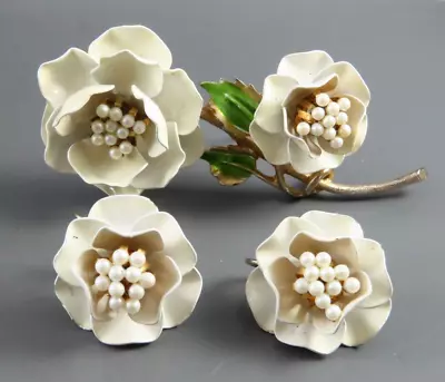 VTG Vendome Demi Set CLIP-ON EARRINGS & BROOCH White Enamel Flower SEED PEARLS • $110
