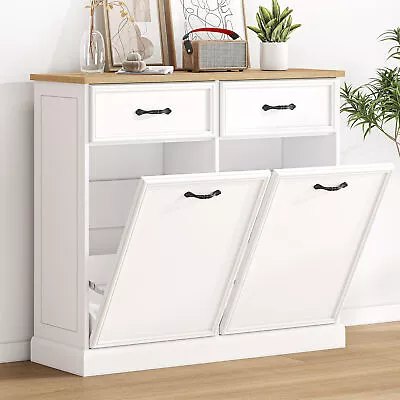 Tilt Out Double Trash Can Cabinet Bin Holder Kitchen Trash Cabinet W/ 2 Drawers • $119.90