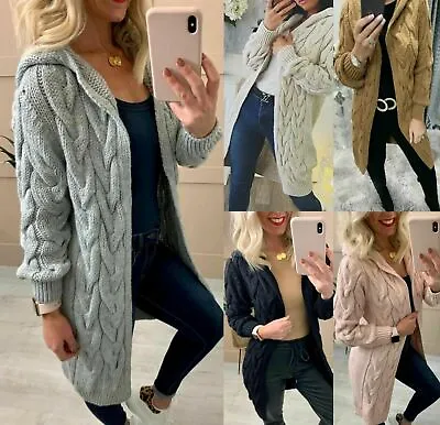 £19.89 • Buy Ladies Cable Knitted Cardigans Oversize Long Hooded Women Chunky Jumper Cape Top