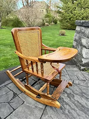 Vintage 1950’s Oak Convertible High Chair/ Children Rocking Chair Caneback • $389