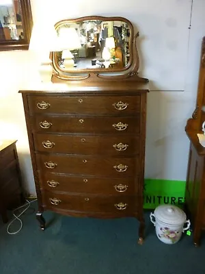 Antique Oak Chest  Drawers Highboy Dresser Serpentine Solid Oak Refinished 1900 • $1185