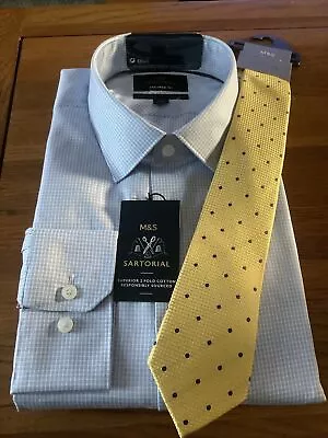 M&S Sartorial Superior Cotton Shirt & Pure Silk Tie Size 16.5  Tailored Fit Blue • £39.95