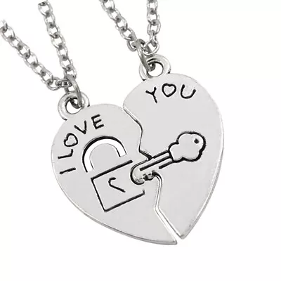 Split Heart Couple Necklace - Lock Key Matching Puzzle Jewelry Gift • $8.99