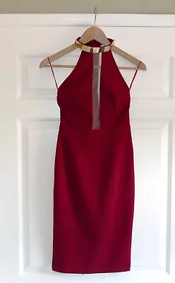 MISGUIDED Ladies Halter Neck Dress In Burgundy With Gold Colour Choker - Size 6 • £7.50