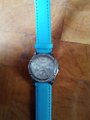 ACCURIST - Silvertone Wristwatch. Diamanté Set. Blue Leather Strap. Ex Condition • £6.99