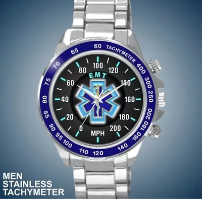 EMT 200 MPH Speedometer Blue Star Of Life Cross New Man's Tachymeter Watch • $48.98