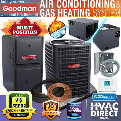 Goodman 5 Ton 14 SEER2 96% 120K BTU NG/LP Gas Furnace & AC Split System Kit • $5835