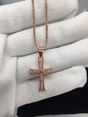 18K 18Ct GENUINE Rose Gold Filled Box Necklace & CZ Cross Crucifix Ref:-226 • £13.99