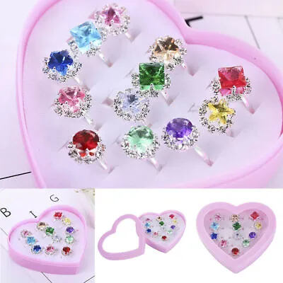 Fashion Jewellery Girl Child Adjustable Kids Ring Set 12X Crystal Rings Gift Toy • £4.43