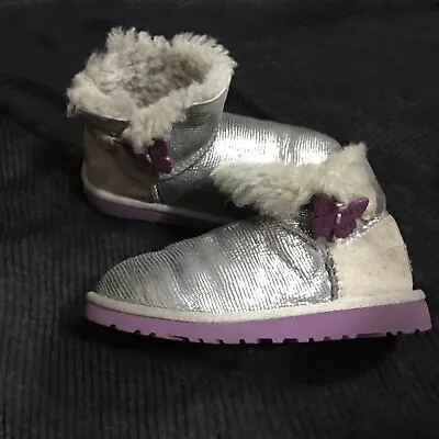 Girls Silver Purple Ugg Boots Size 13 With Purple Butterfly Button • $34.90