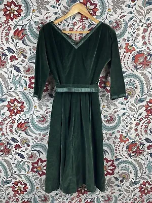 Vintage 50/60s Dark Green Velvet Party Dress Full Skirt Pinup Belted V Neck • $20