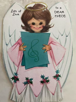 60s Lots Of Love Angel Halo Pink Choir Music DEAR NIECE Vtg XMAS Card USED • $7.44