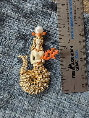 Vintage Hutton Wilkinson Gold Plate Enamel Rhinestone Pearl Mermaid Brooch  • $308