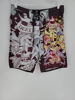 Ed Hardy Mens Board Shorts Surf Or Die Size 34 Swim Trunks Death Glory Skull • $29.99