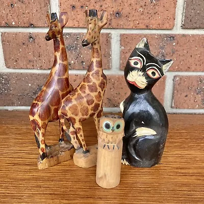 Vintage Lot Of Wooden Animals Giraffe Cat Owl Retro Collectible MCM Toy Kitsch • $25