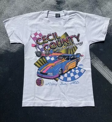 Vintage Cecil County Dragonway Drag Racing Screen Stars Tee Shirt Neon • $19.99