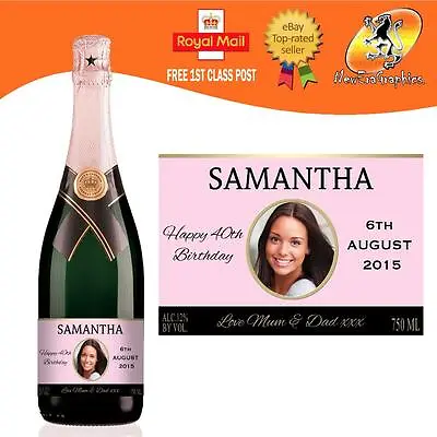 Personalised Pink Champagne Photo Bottle Label Birthday Any Occasion Gift • £3.35