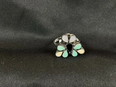 Vintage Navajo Handmade Turquoise Ring Black Onyx Mother Of Pearl  Size 9 • $39.99