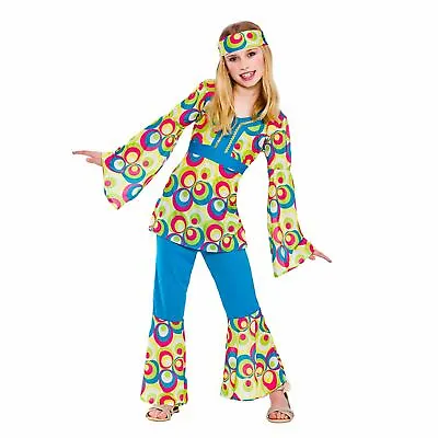 Girls Retro Hippie Girl Fancy Dress Up Party Costume Halloween Child Outfit 70s • £12.98
