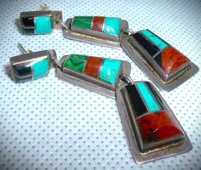 Vintage Sterling Silver & Multi Stone Earrings 2 1/4   Long! Turquoise Etc • $75