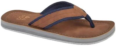 PDQ M641 Mens Brown & Navy Leather Look Toe Post Flip Flops Beach Sandals  • £17.99