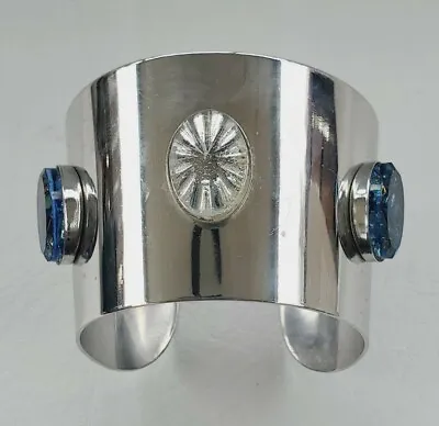 Vintage Sarah Coventry Cleopatra Silvertone Blue Clear Glass Stone Cuff Bracelet • $35