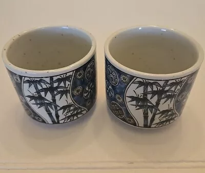 Vintage Blue & Beige Ceramic Japanese Tea Or Sake Cups. Set Of 2 Bamboo Floral! • $8