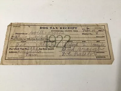 1922 Dog Tag Receipt Murfreesboro Rutherford County Tenn. Eagleville Owner • $6.50