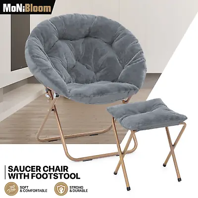 Grey Folding Saucer Cozy Accent Moon Chair Soft Faux Fur Oversize Seat W/Ottoman • $73.99