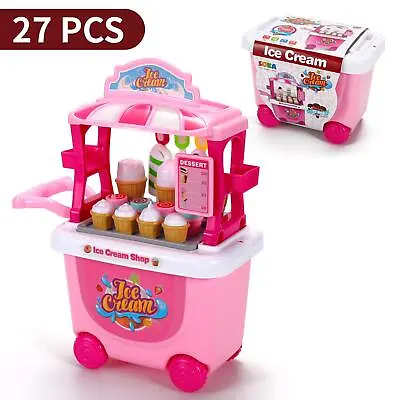 SOKA 27 Pcs Ice Cream Trolley Shop Cart Pretend Play Food Toy For Kids Children • £8.99