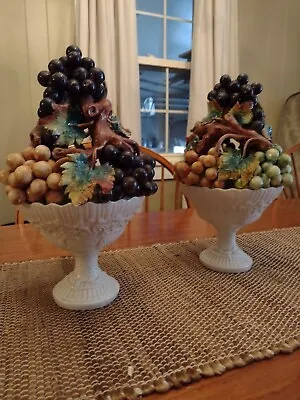 Vintage Pair Porcelain Majolica Grapes Tree Fruit Topiary Italy 12  • $52