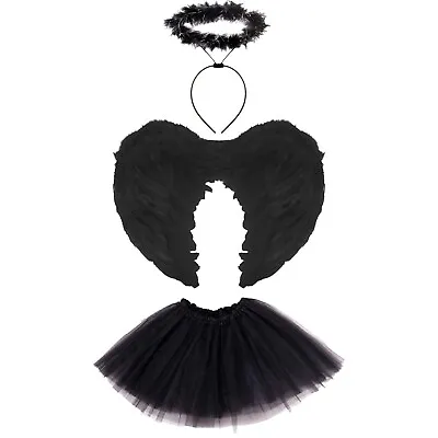 Ladies Adult DARK FALLEN ANGEL Costume Fancy Dress Halloween Black Fairy Outfit • £14.11