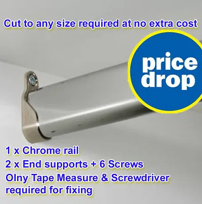 Wardrobe Pole Hanging Rail Oval Tube Bar Clothes Storage Chrome + Free Fittings • £1.99