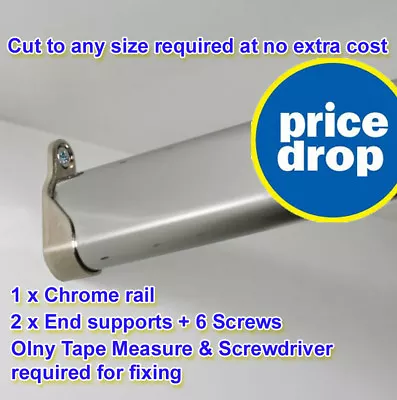 Wardrobe Pole Hanging Rail Oval Tube Bar Clothes Storage Chrome + Free Fittings • £2.99