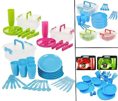 £11.29 • Buy Large Plastic Picnic Camping Party Dinner Plate Mug Cutlery Set Storage Box