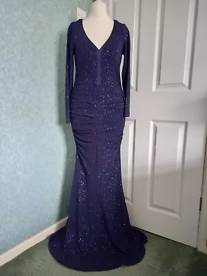 Damsel In A Dress Blue Sparkly Long Sleeved Ruched Maxi Evening Gown Size 8 • £15