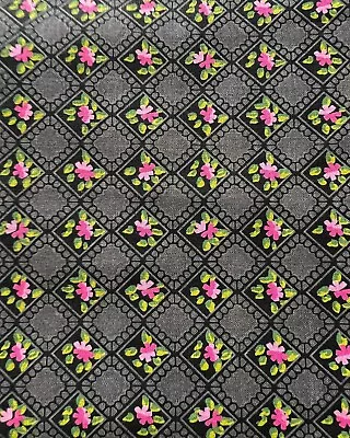 Vintage 1950s 60s Black Gray Geometric Pink Floral Cotton Fabric 2.5 Yards X 35” • $14.99