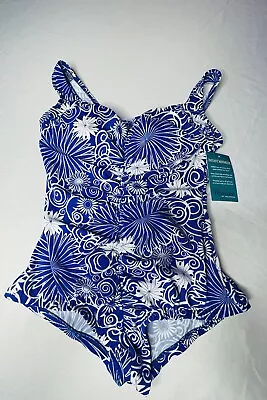 New Maxine Of Hollywood Women Sz 16W One Piece Lined Instant Minimizer Blue/Whit • $26.95