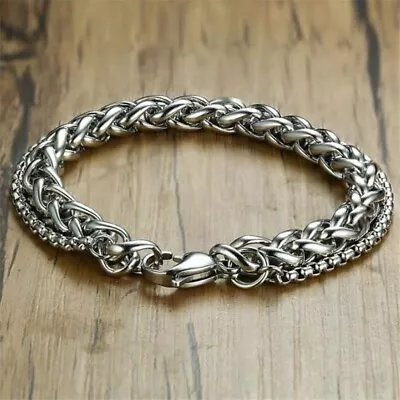 £0.99 • Buy Mens Cuban Chain Bracelet 8MM Silver 2 Layer Curb Retro Link Thick Chain Chunky
