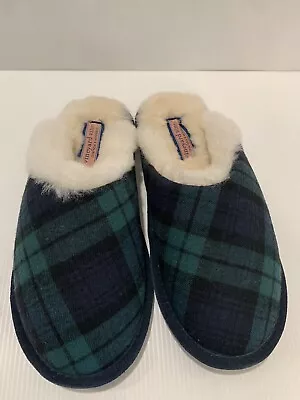 Vineyard Vines Tartan Plaid Shearling Lined Slippers Mens US 10 M Green & Navy • $22.99