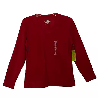 Made For Life Women Sweatshirt Long Sleeve V Neck Fuzzy Red Petite S NEW • $33.23