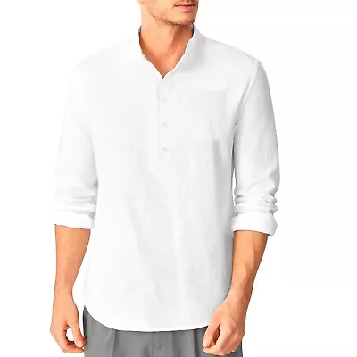 Men's Cotton Linen Henley Shirt Long Sleeve Casual Beach T Shirts Collar Plain • $15.99