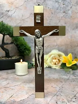 Walnut Wood Crucifix Cross Wall Hanging Silver Jesus Religious Gift • £19.95